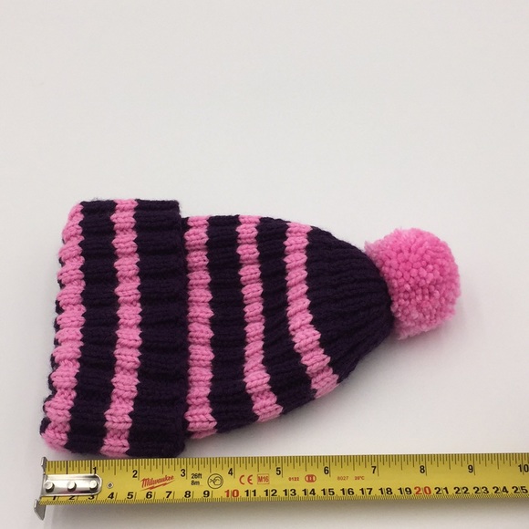 Hand Knit Girls Winter Hat + Pair of Mittens Purple & Pink Stripe - Picture 6 of 10